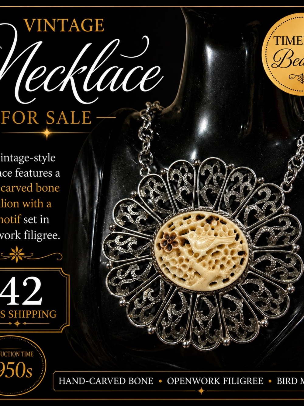 Vintage Hand-Carved Bone Filigree Necklace - Silver Tone with Ivory Center